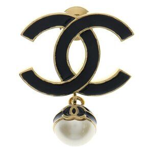Chanel CC Logo Faux Pearl Brooch Black Gold